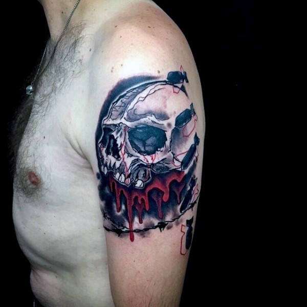 Tatuaje de calavera Trash Polka en negro y rojo